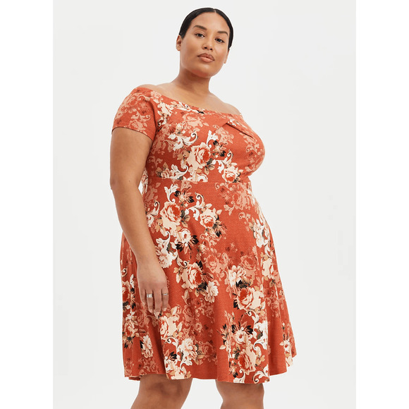 Torrid Off The Shoulder Skater Dress Luxe Ponte‎ Rusty Brown Floral 2X - Picture 1 of 6